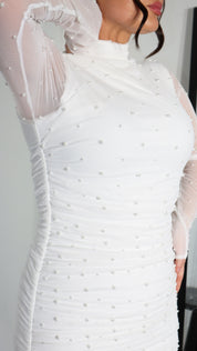 Long Sleeve Embellished Pearl ‘Cici’ Mini Dress- Frost Elrstyle