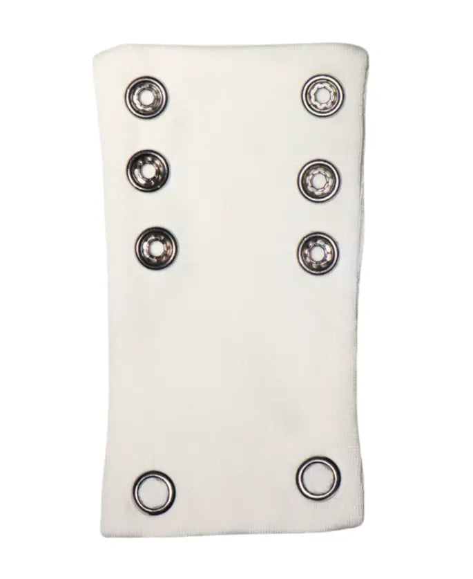 A white bodysuit extender with multiple metal eyelets and fastenings, designed to attach to a brief bodysuit.