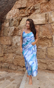 Strappy Satin Maxi 'Valentina' Slip Dress - Blue Marble Print Elrstyle
