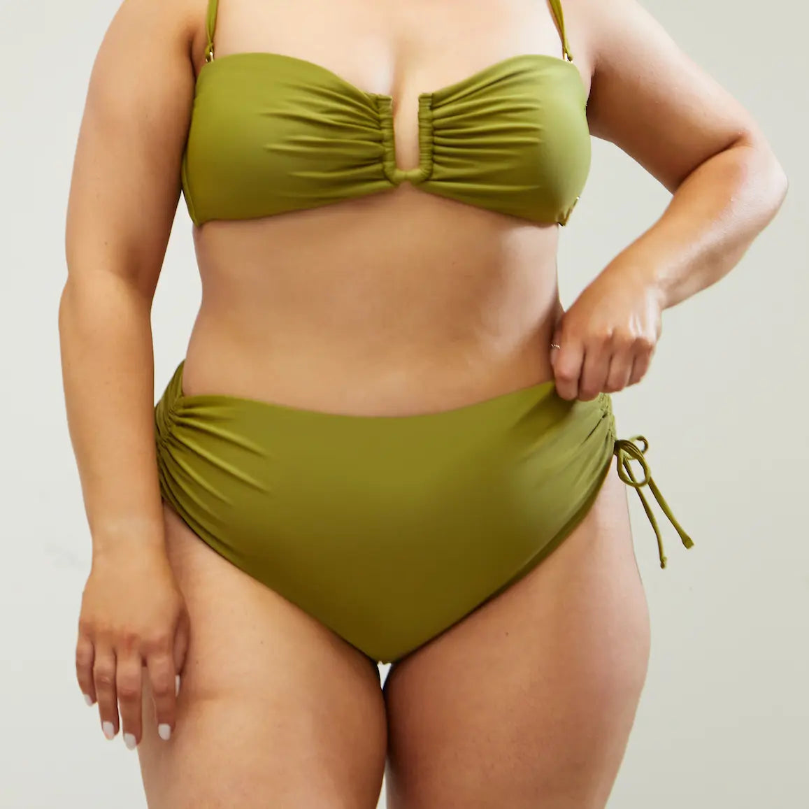 Ruched Adjustable High Waisted Bikini Bottoms - Olive Verde Elrstyle