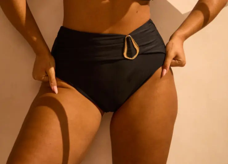 High Waisted Tummy-Control Ruched Belt Bikini Bottoms with Gold Ring Detai - Black RELR