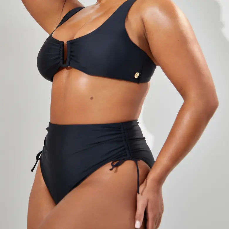 Black ruched high waisted bikini bottom sales
