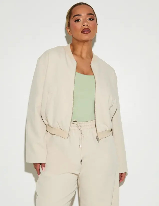 Tailored Cropped ‘Indie’ Bomber Jacket - Almond Milk Elrstyle