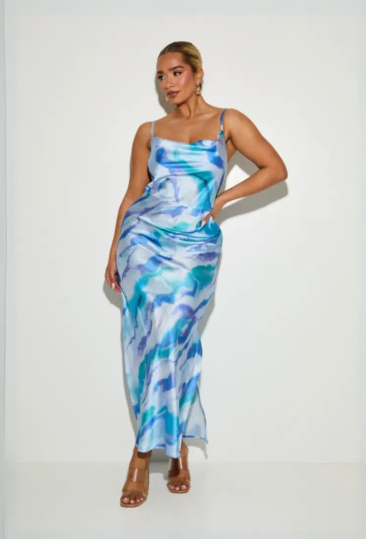 Strappy Satin Maxi 'Valentina' Slip Dress - Blue Marble Print Elrstyle