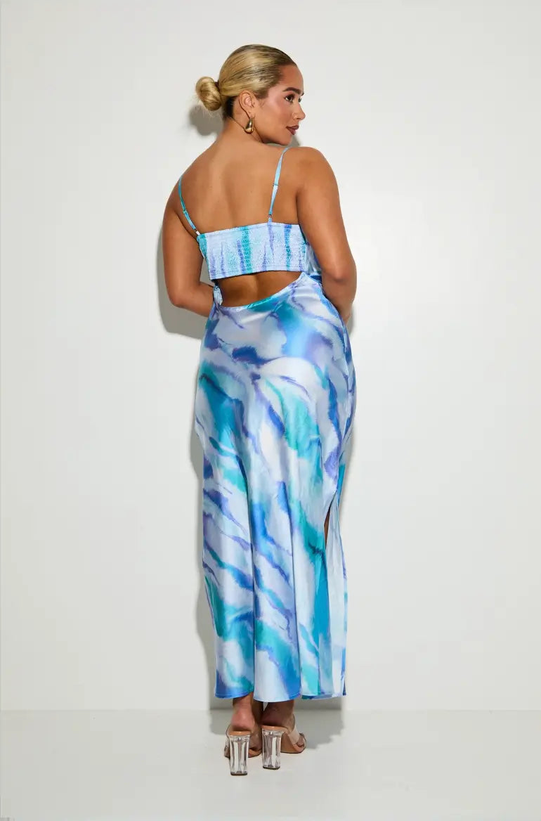 Strappy Satin Maxi 'Valentina' Slip Dress - Blue Marble Print Elrstyle