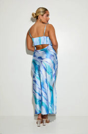 Strappy Satin Maxi 'Valentina' Slip Dress - Blue Marble Print Elrstyle