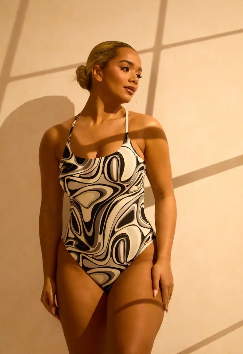 Adjustable Strap Cross Back Shaping Swimsuit in Abstract Print RELR