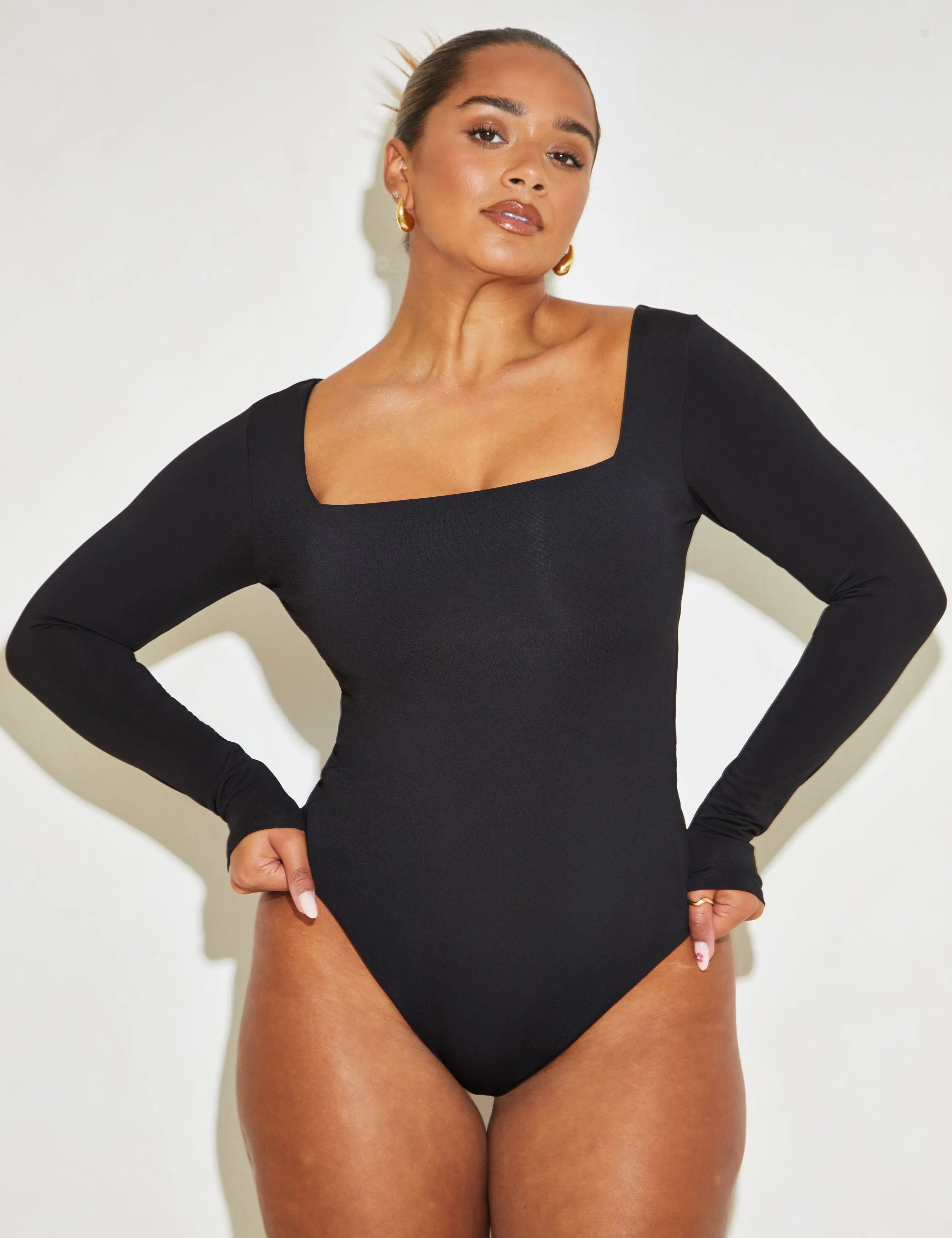 Long Sleeve Square Neck Tummy Control ‘Charlie’ Bodysuit - Black Elrstyle