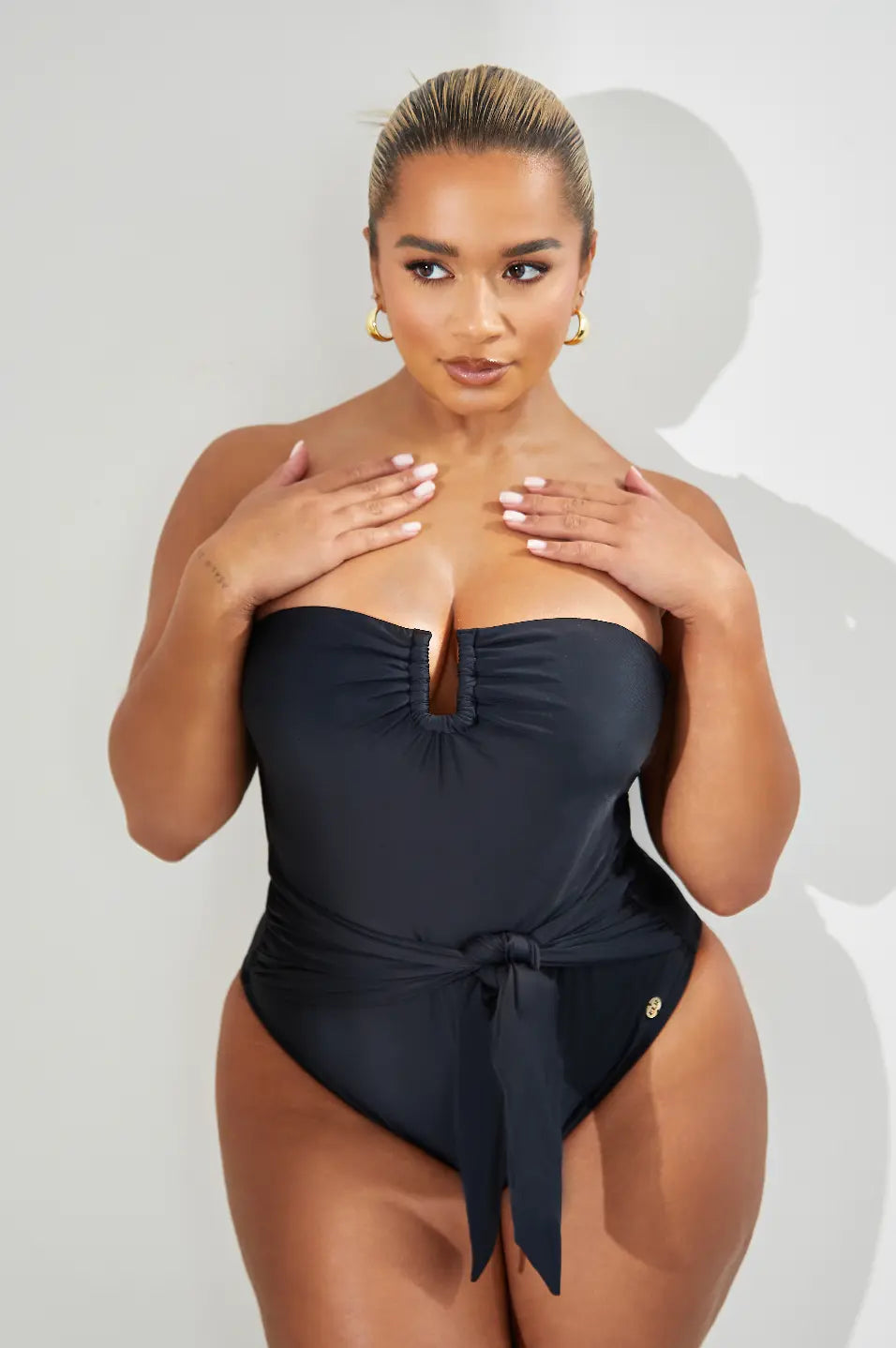 Bandeau Removable Strap Control Swimsuit With Tie Side Elrstyle