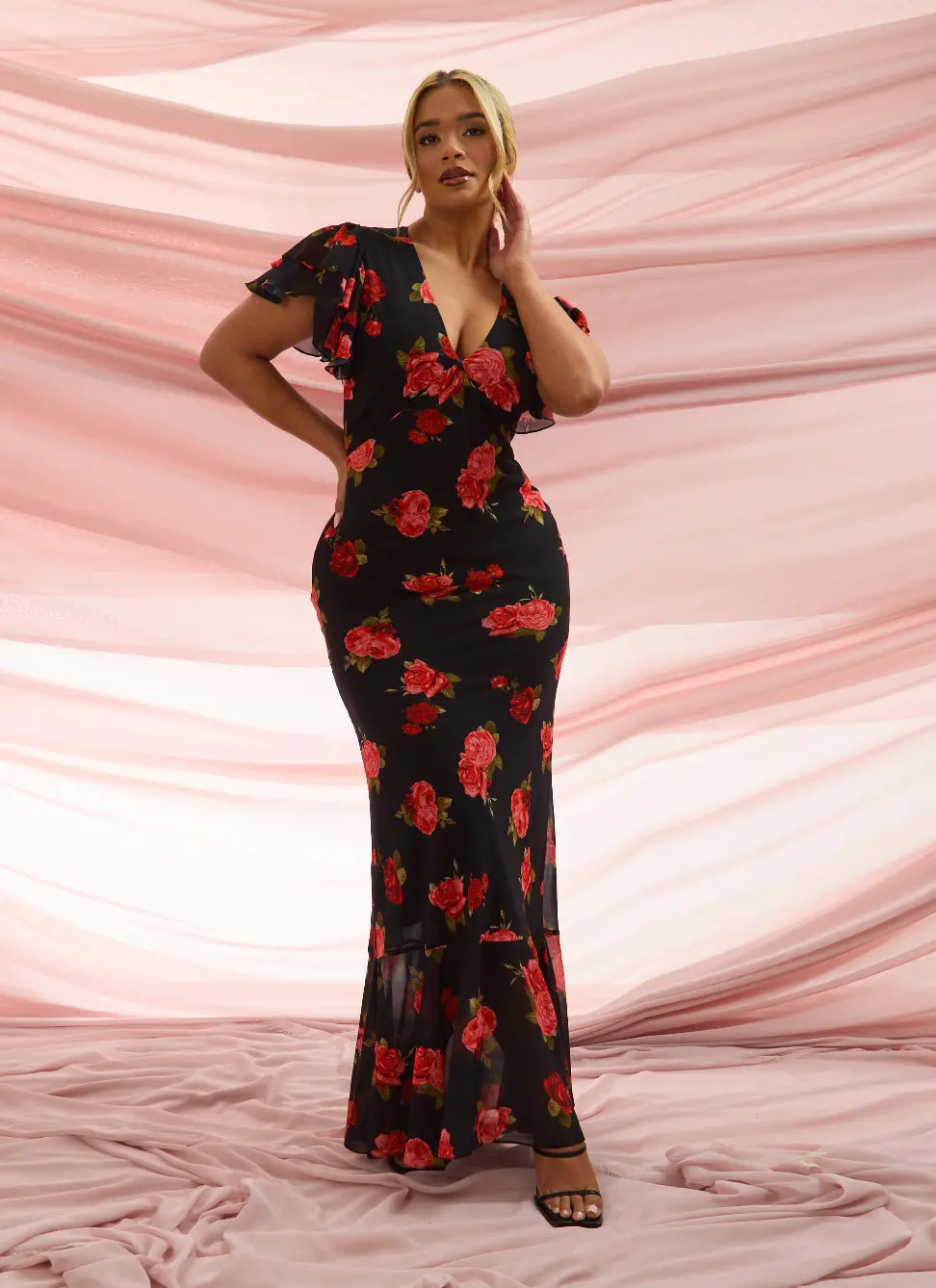 Floral Print V-Neck Angel Sleeve 'Kash' Maxi Dress RELR