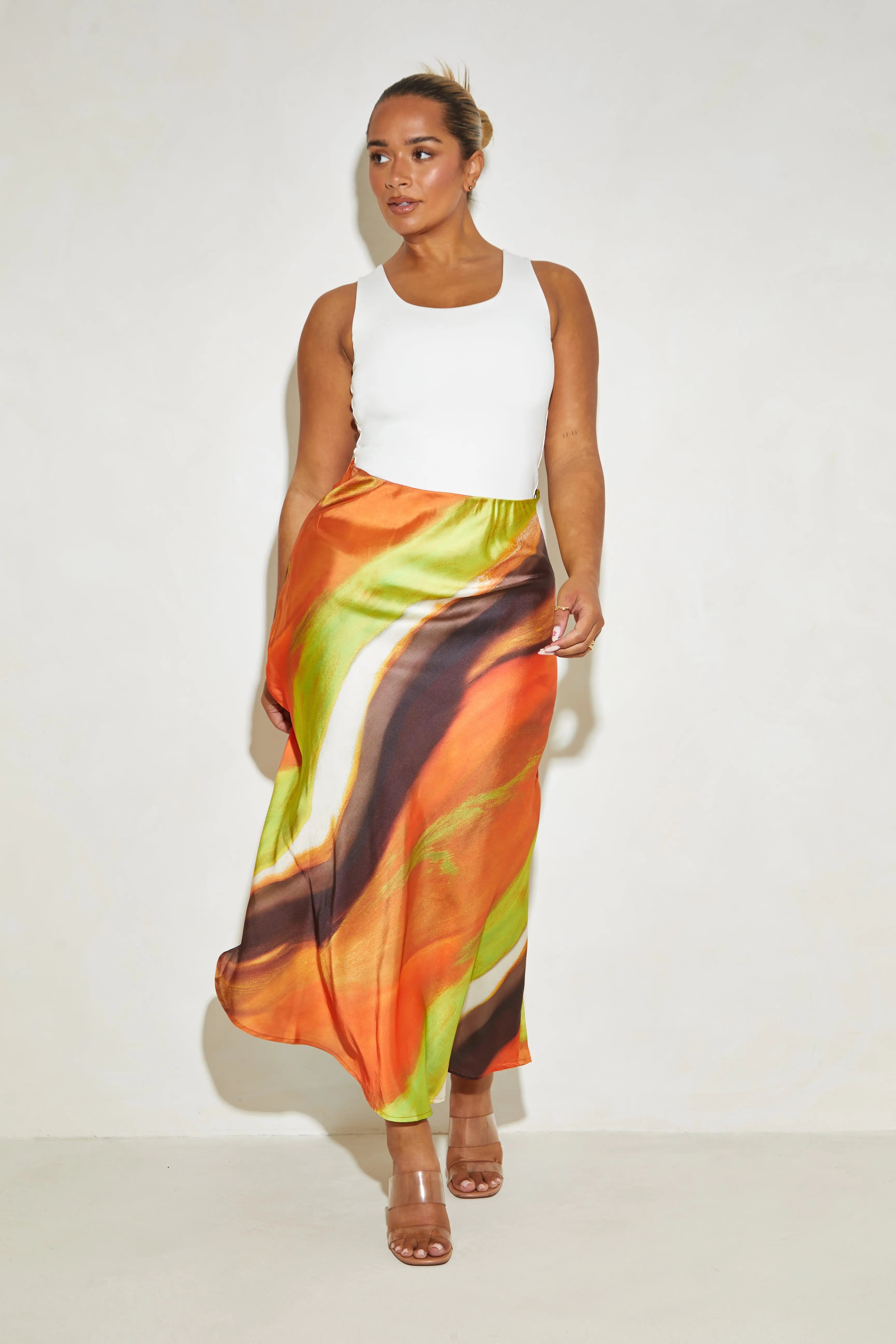 Satin Maxi 'Lucia' Skirt in Green Swirl Print - RELR