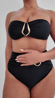 High Waisted Tummy-Control Ruched Belt Bikini Bottoms with Gold Ring Detai - Black