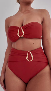 High Waisted Tummy-Control Ruched Belt Bikini Bottoms with Gold Ring Detail - Rust