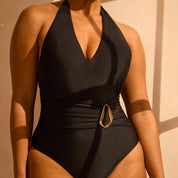 Halter Neck Tummy Control Plunge Swimsuit with Gold Ring Detail - Black RELR
