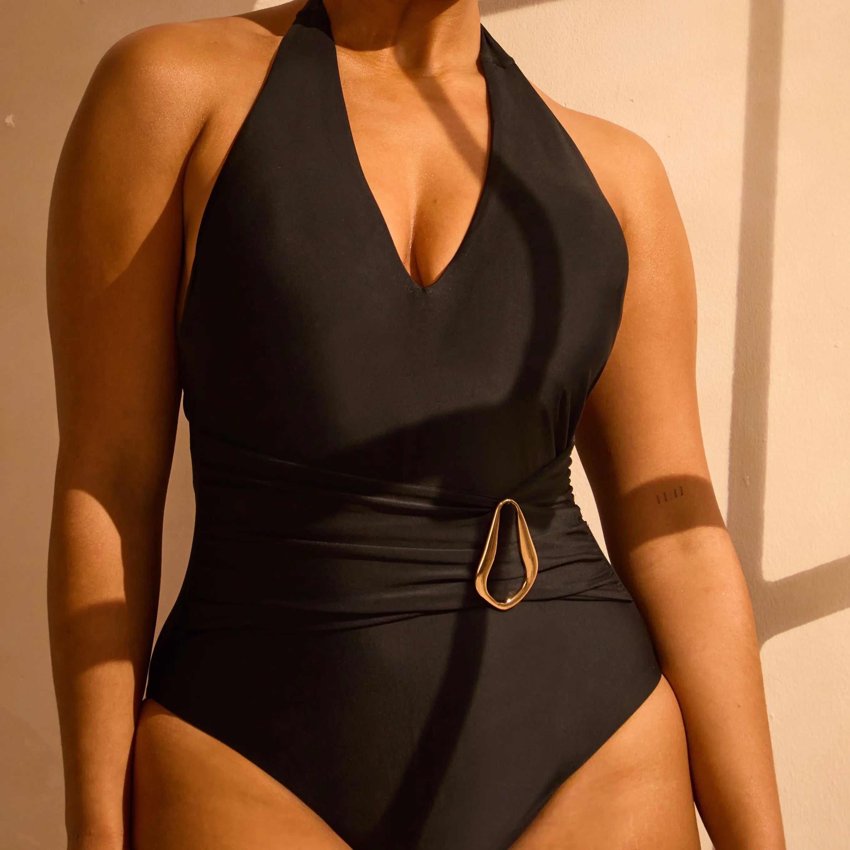 Halter Neck Tummy Control Plunge Swimsuit with Gold Ring Detail - Black RELR