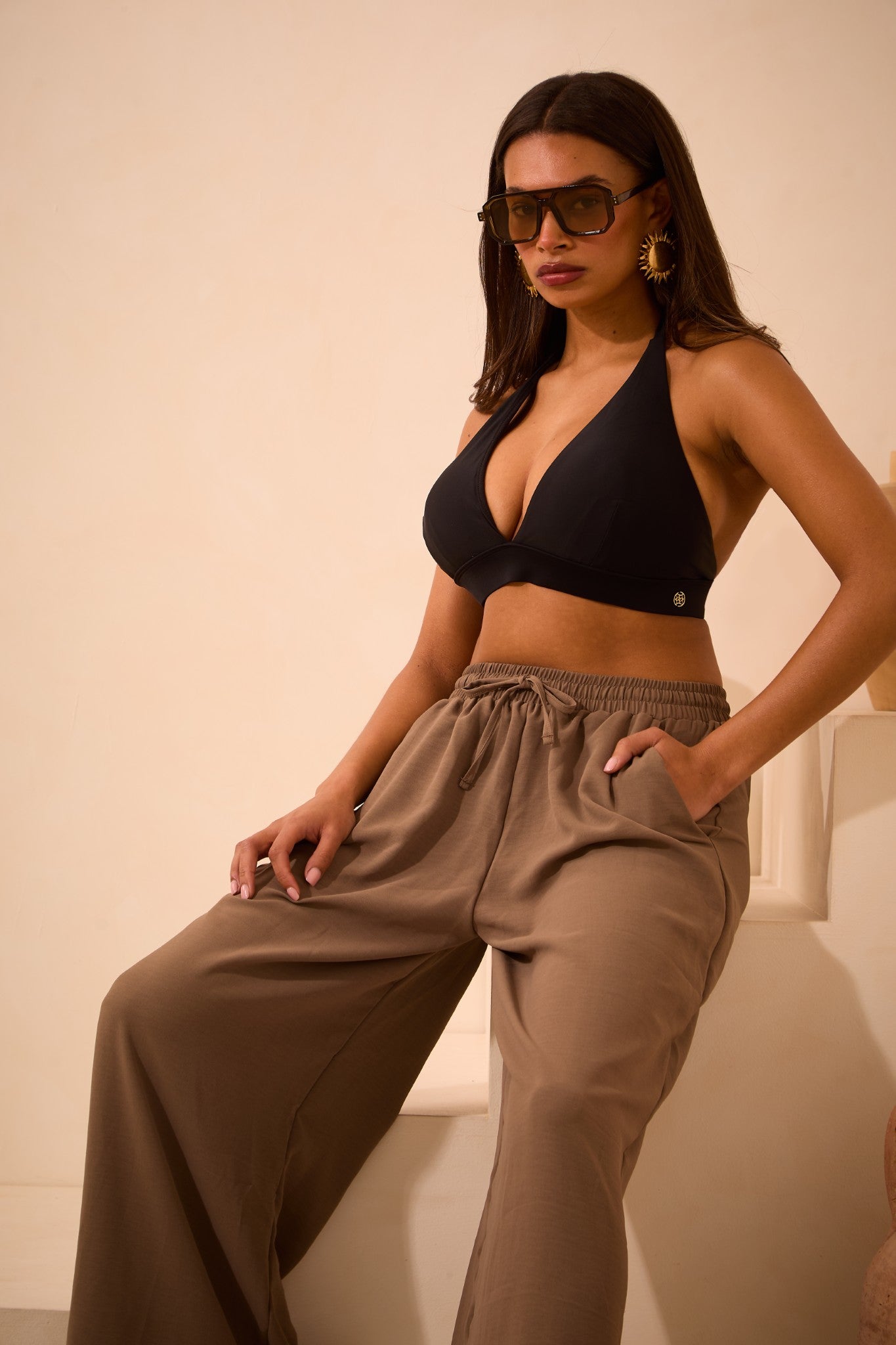 High Waisted Wide Leg ‘Liv’ Trousers - Mushroom