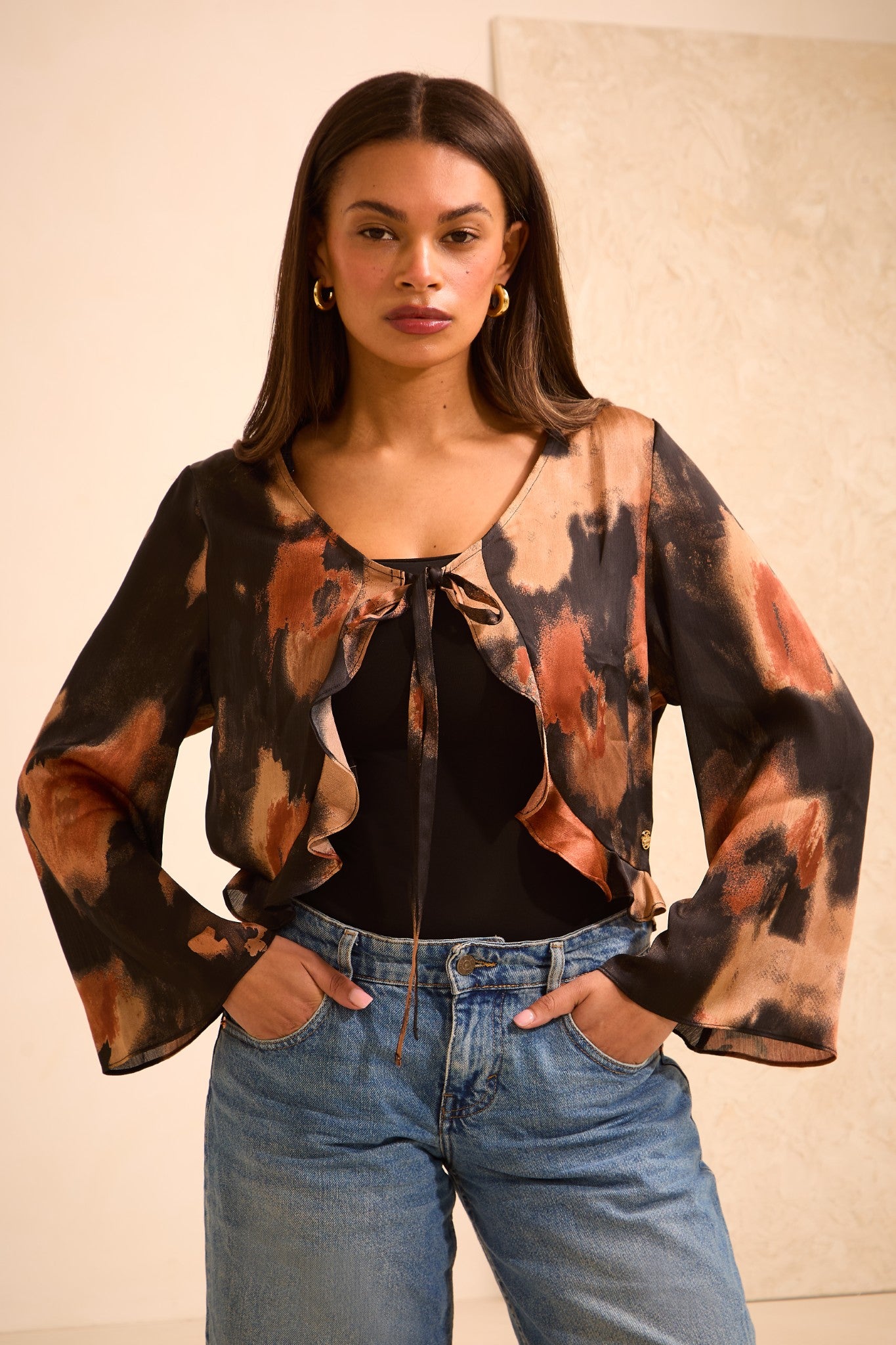 Blurred Print Tie-Front 'Esme' Top with Fluted Sleeves (Limited Edition)