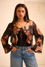 Blurred Print Tie-Front 'Esme' Top with Fluted Sleeves (Limited Edition)