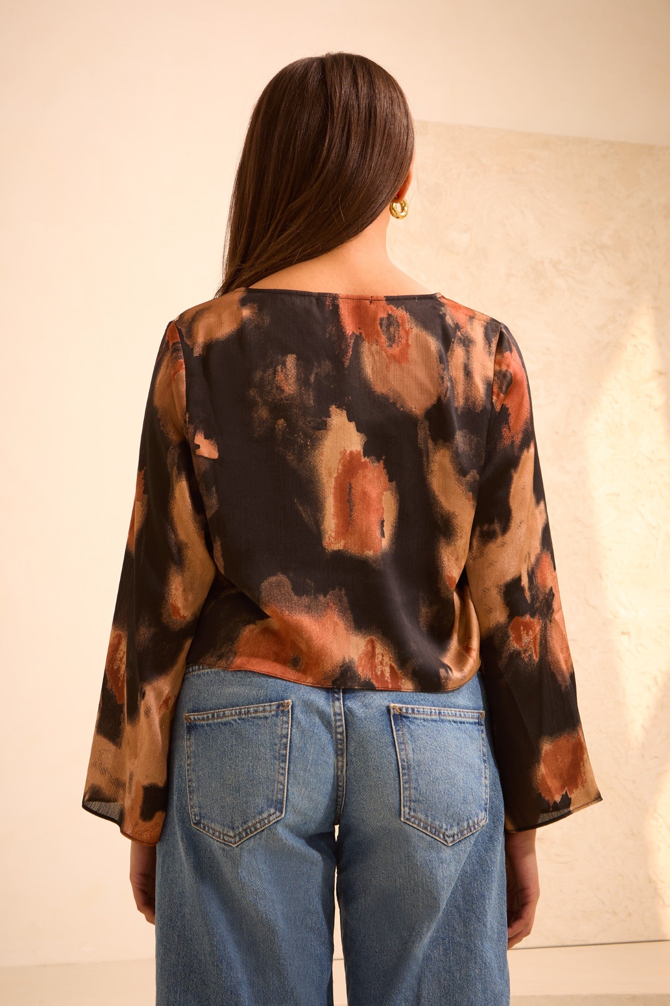 Blurred Print Tie-Front 'Esme' Top with Fluted Sleeves (Limited Edition)