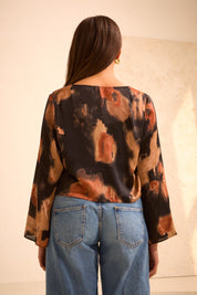 Blurred Print Tie-Front 'Esme' Top with Fluted Sleeves (Limited Edition)