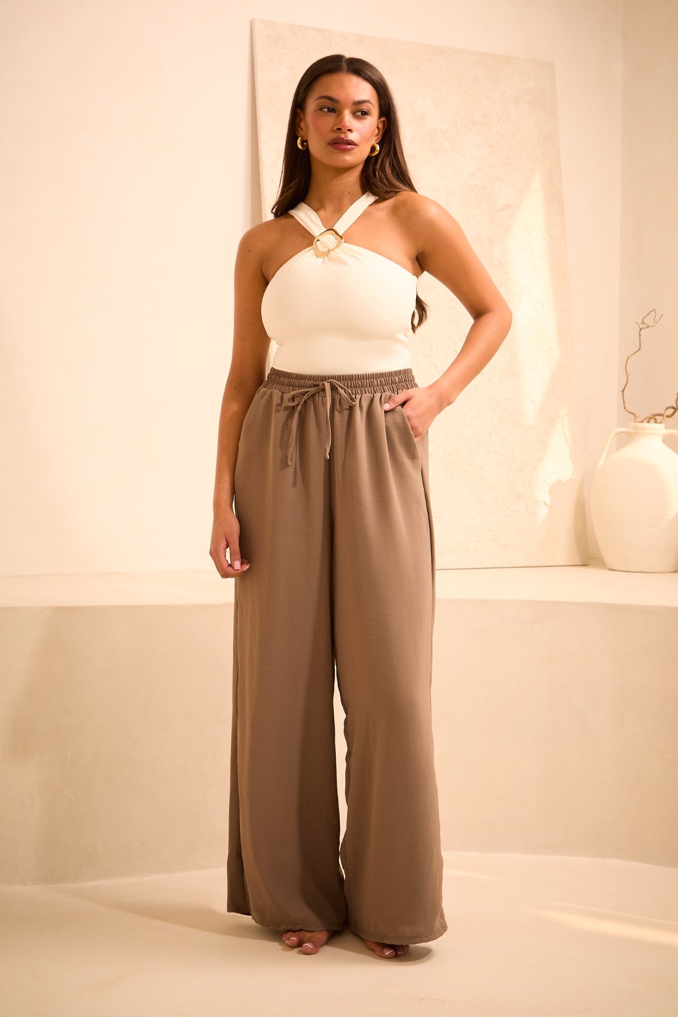 Gold Ring Detail Halterneck 'Nell' Bodysuit - Coconut (Limited Edition)