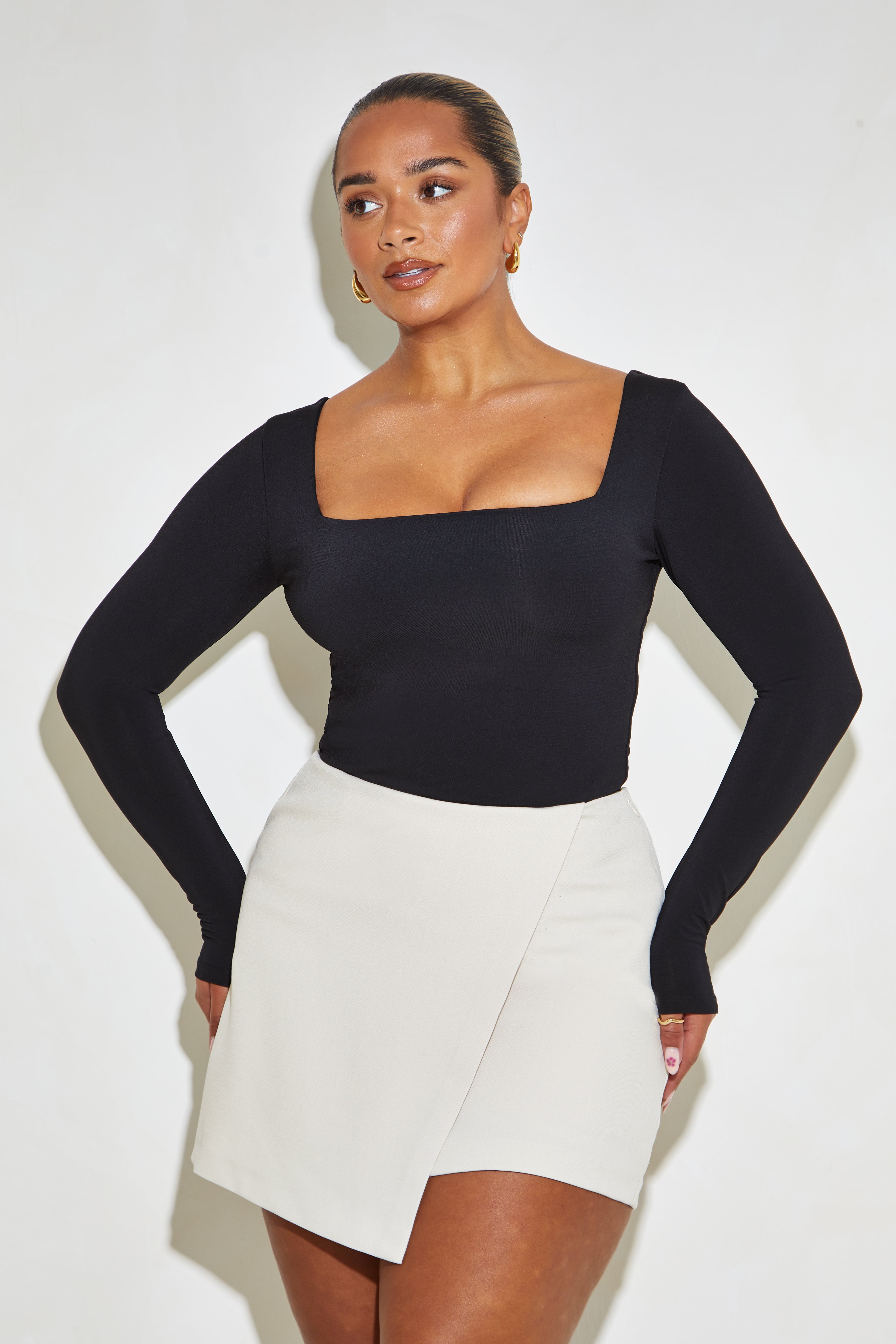 Long Sleeve Square Neck Tummy Control ‘Charlie’ Bodysuit - Black