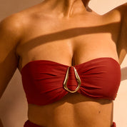 Removable Strap Bandeau Bikini Top with Gold Ring Detail - Rust