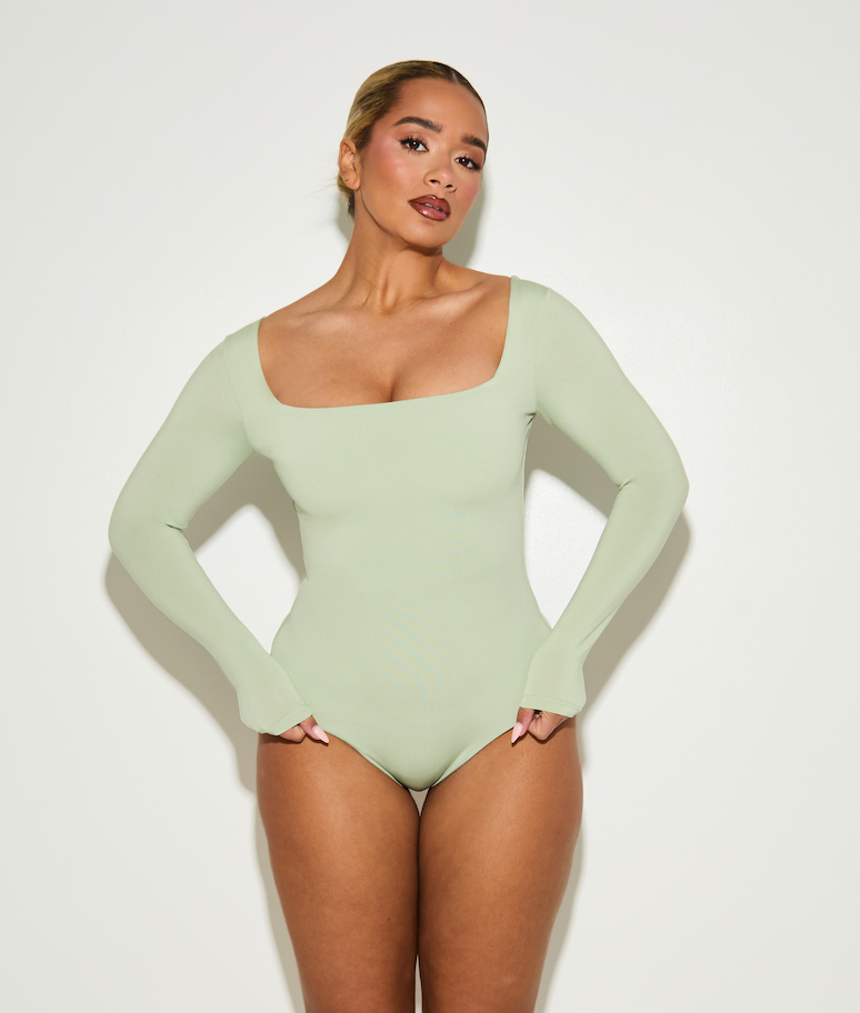 Long Sleeve Square Neck Tummy Control ‘Charlie’ Bodysuit - Matcha