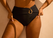 High Waisted Tummy-Control Ruched Belt Bikini Bottoms with Gold Ring Detai - Black