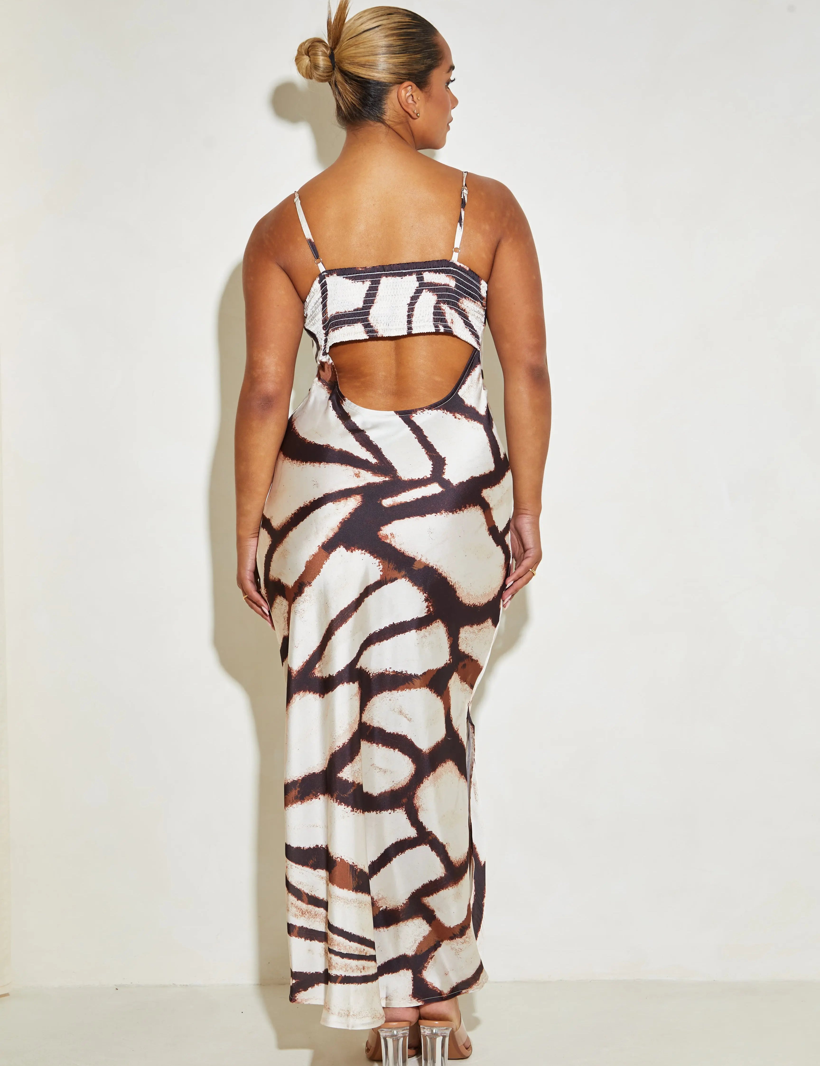 Strappy Satin Maxi 'Carla' Slip Dress - Brown Animal Print Elrstyle