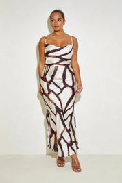 Strappy Satin Maxi 'Carla' Slip Dress - Brown Animal Print Elrstyle
