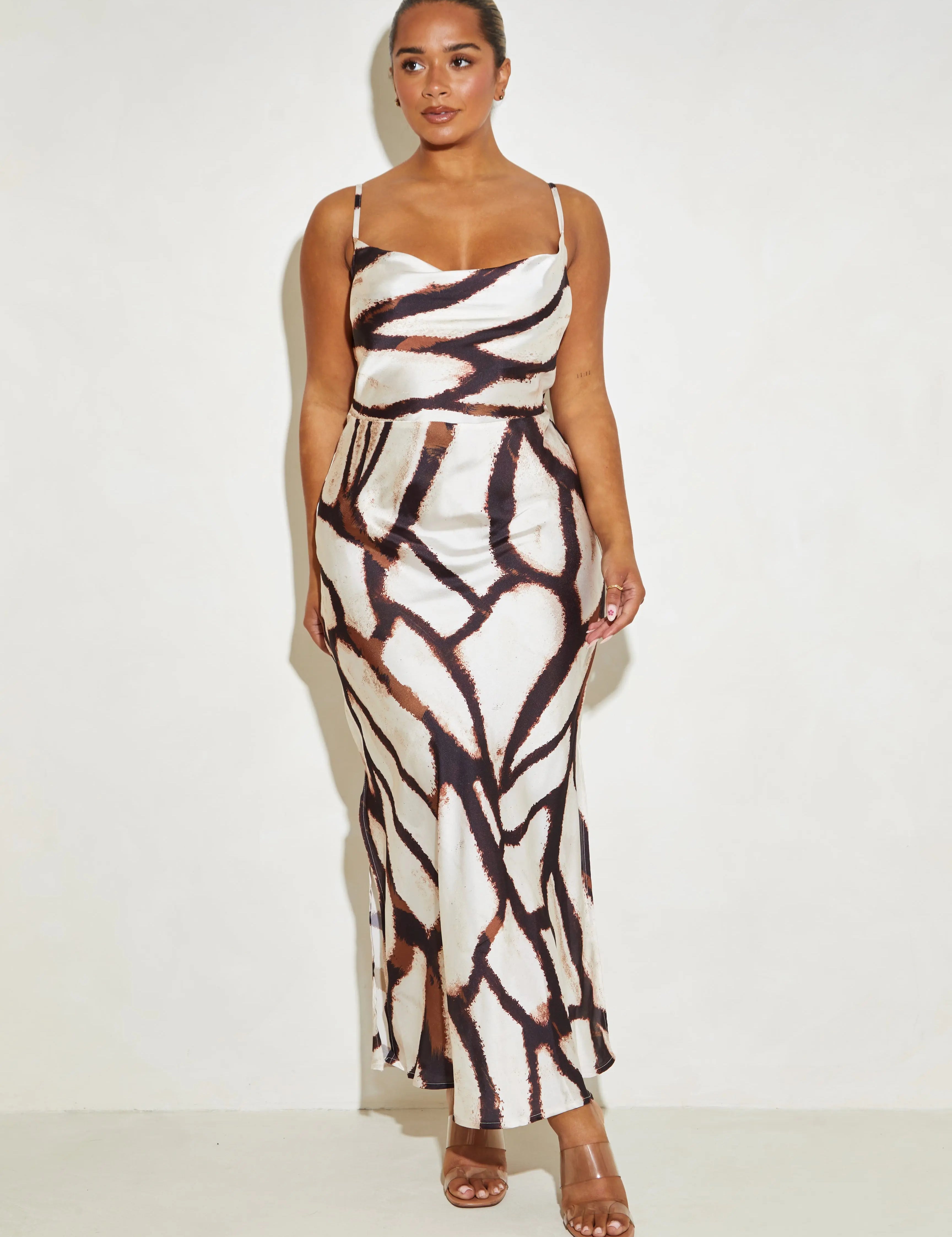 Strappy Satin Maxi 'Carla' Slip Dress - Brown Animal Print Elrstyle