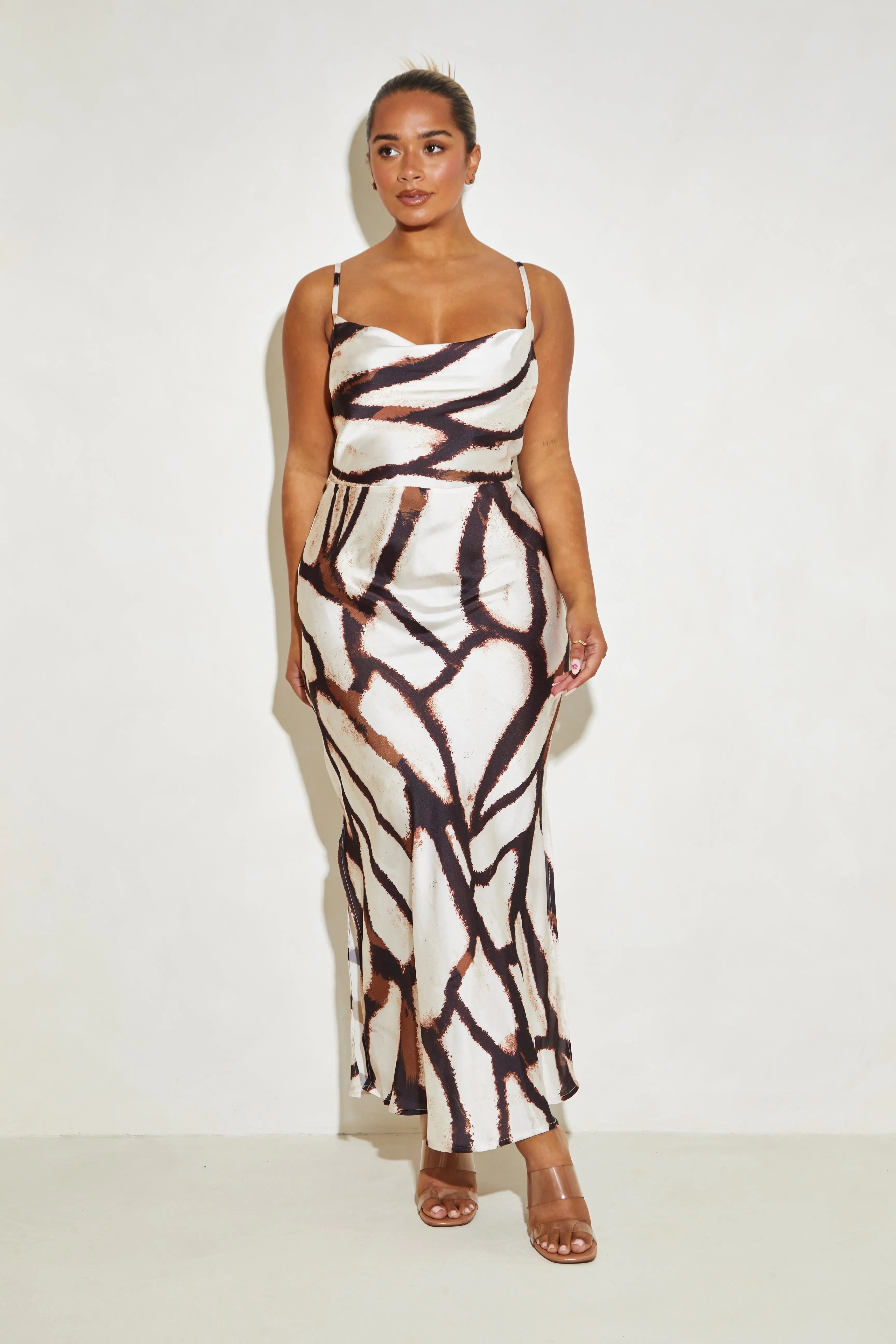 Strappy Satin Maxi 'Carla' Slip Dress - Brown Animal Print Elrstyle
