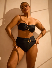 High Waisted Tummy-Control Ruched Belt Bikini Bottoms with Gold Ring Detai - Black RELR