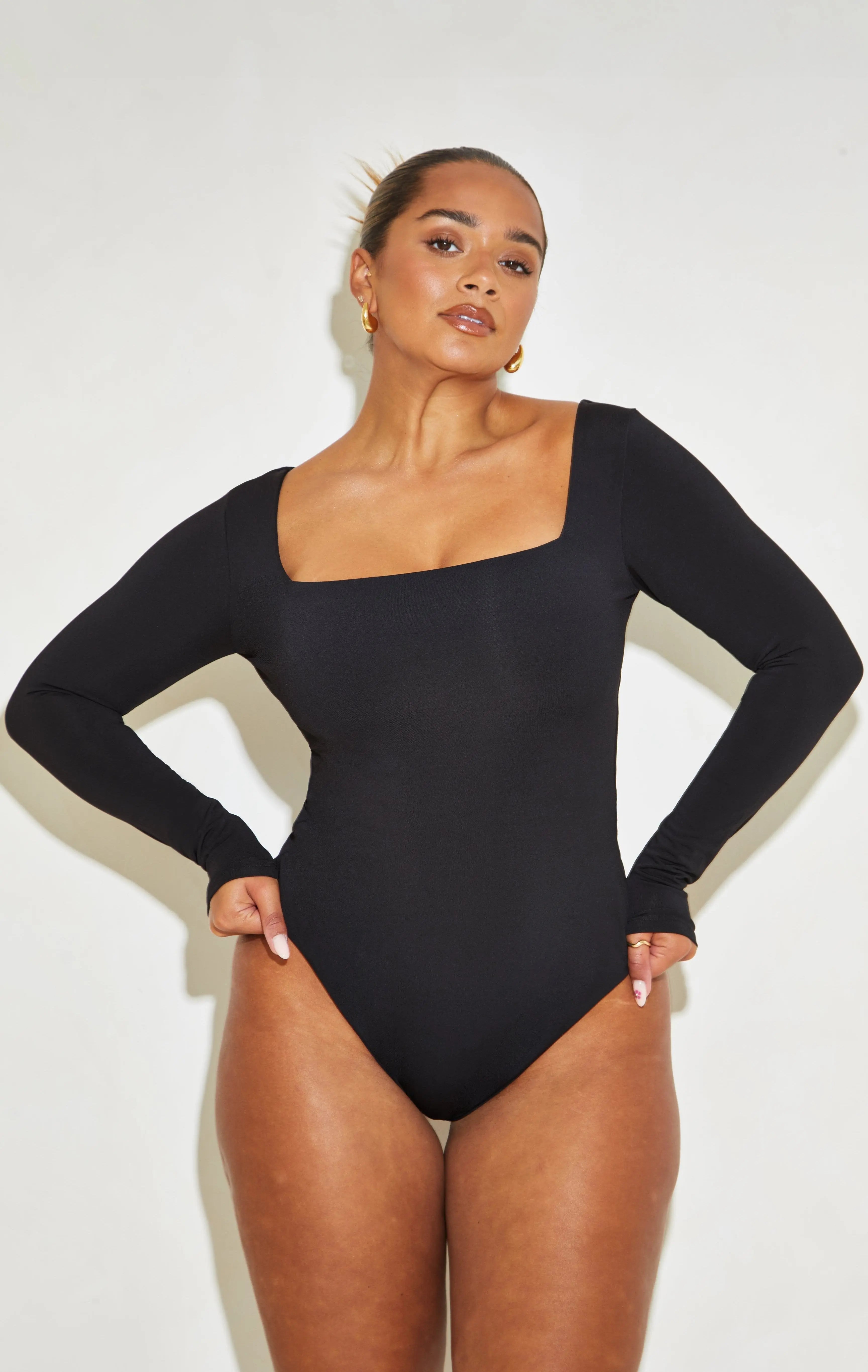 Long Sleeve Square Neck Tummy Control ‘Charlie’ Bodysuit - Black Elrstyle