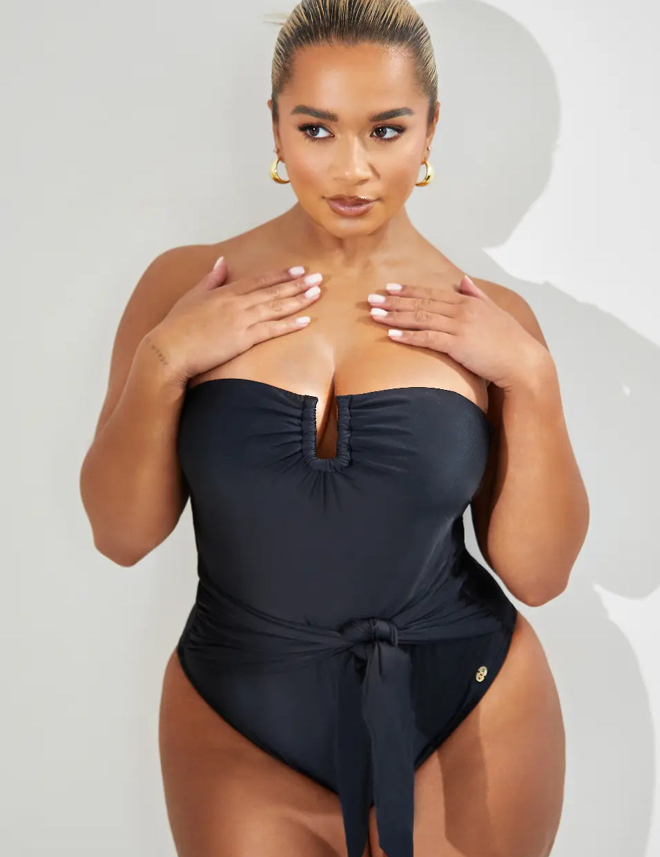 Bandeau Removable Strap Control Swimsuit With Tie Side Elrstyle