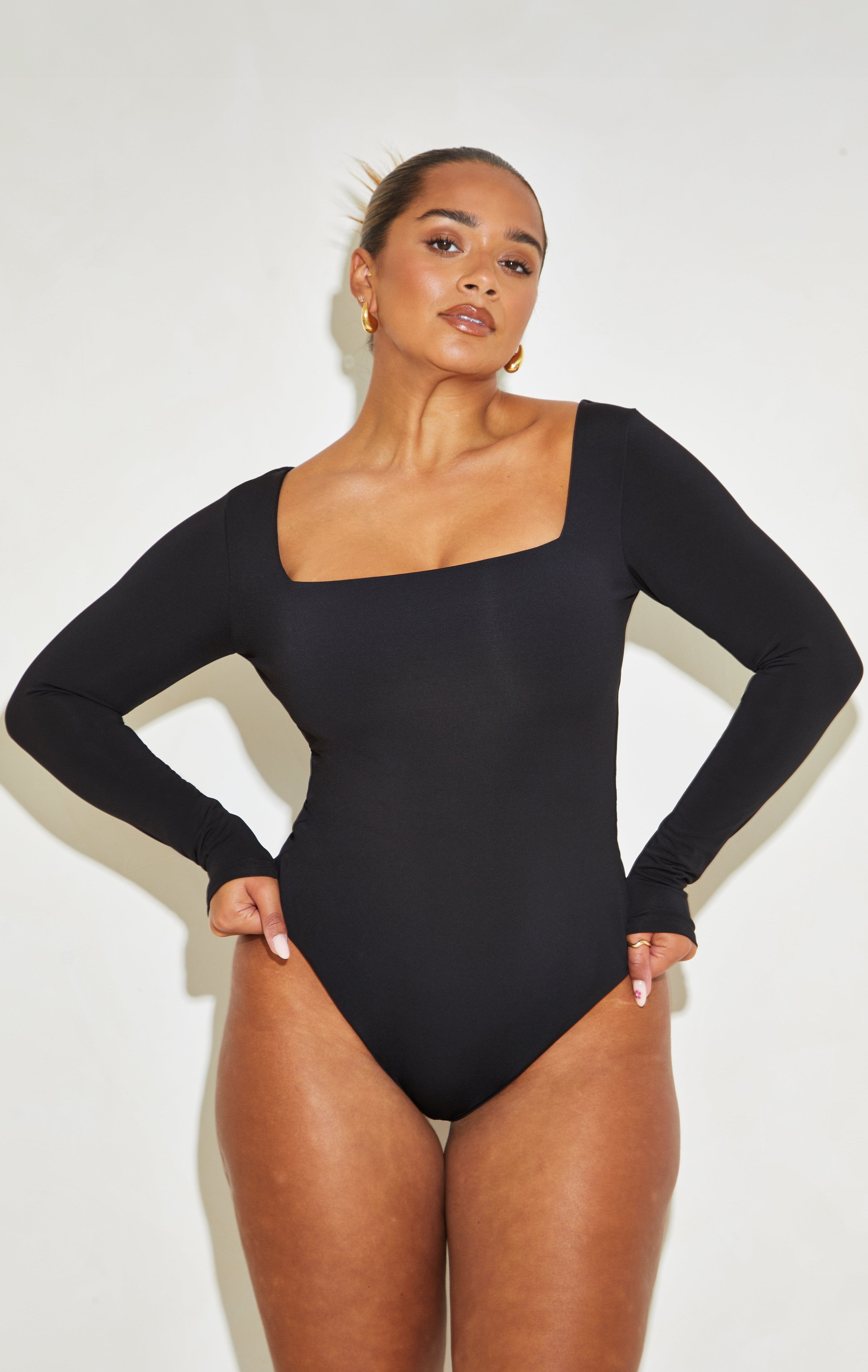 Long Sleeve Square Neck Tummy Control ‘Charlie’ Bodysuit - Black