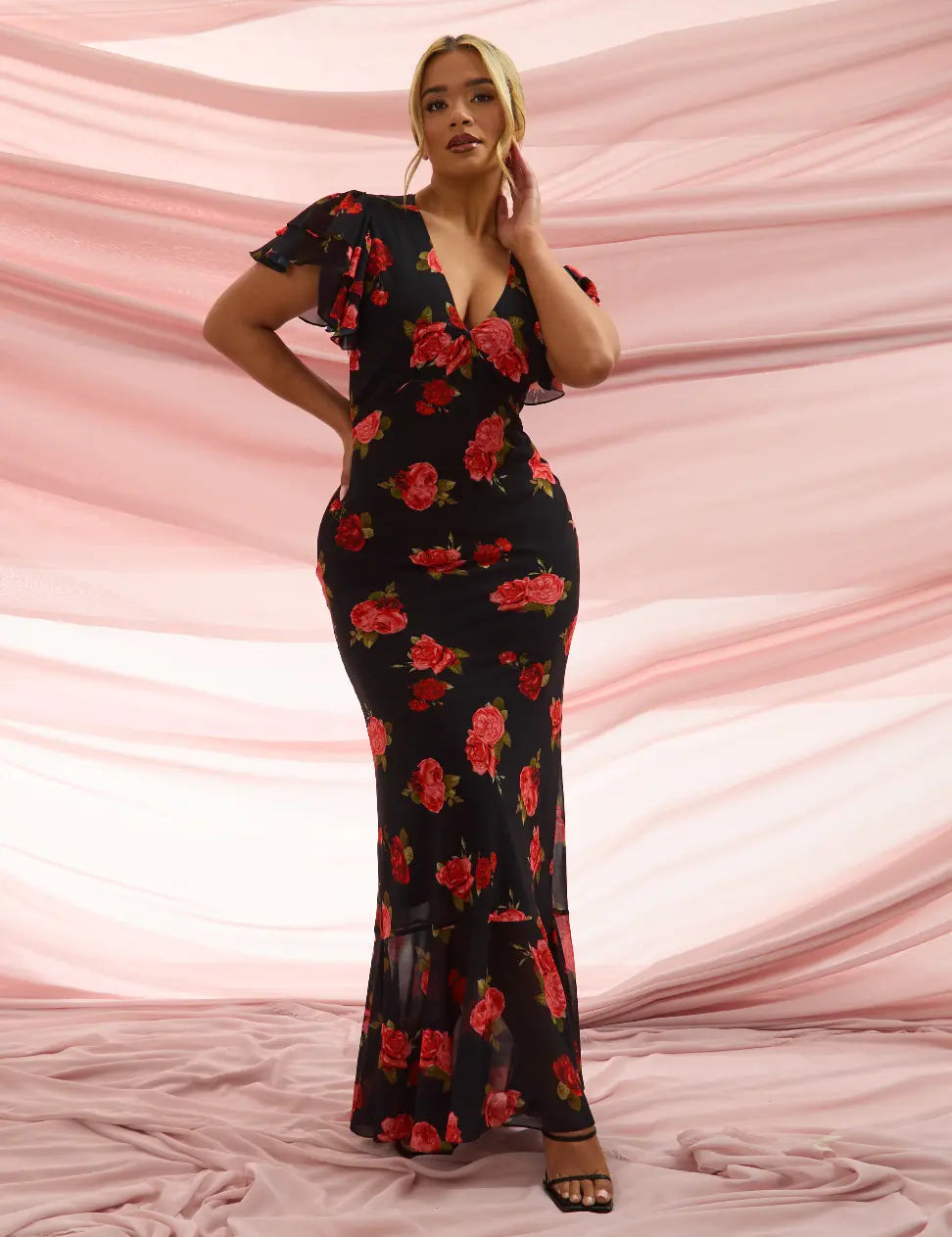 Floral Print V-Neck Angel Sleeve 'Kash' Maxi Dress RELR
