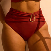 High Waisted Tummy-Control Ruched Belt Bikini Bottoms with Gold Ring Detail - Rust RELR