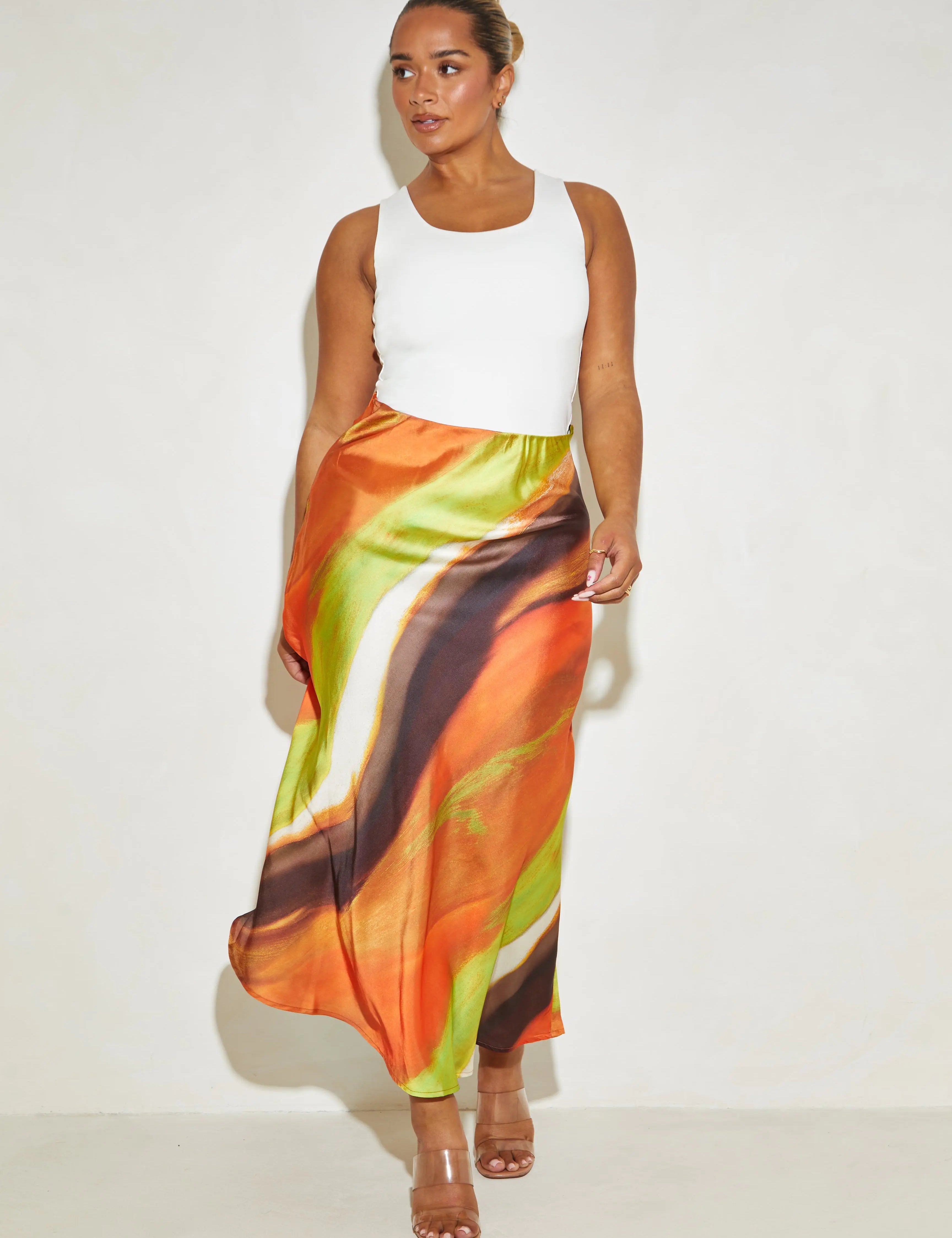 Satin Maxi 'Lucia' Skirt in Green Swirl Print Elrstyle