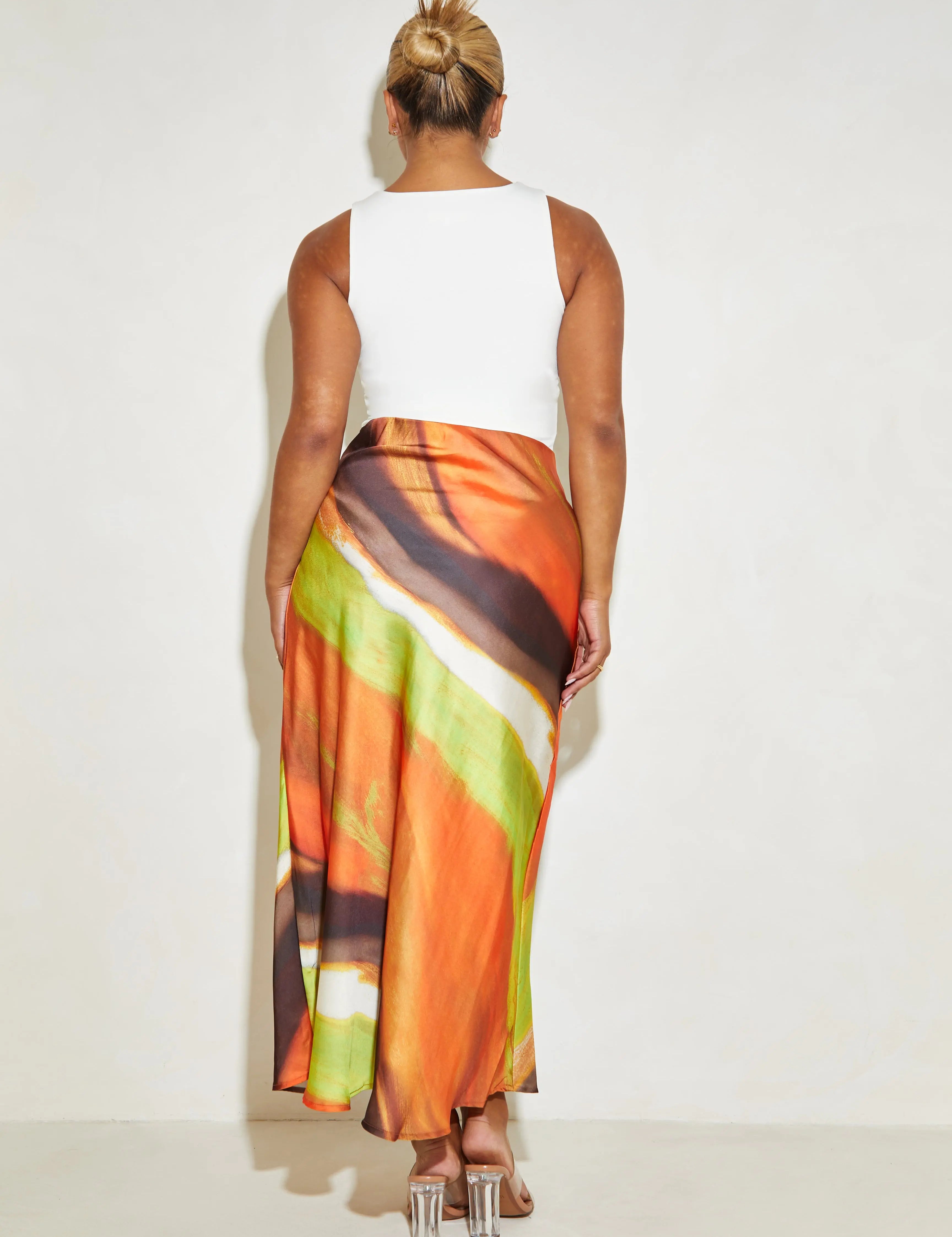 Satin Maxi 'Lucia' Skirt in Green Swirl Print Elrstyle
