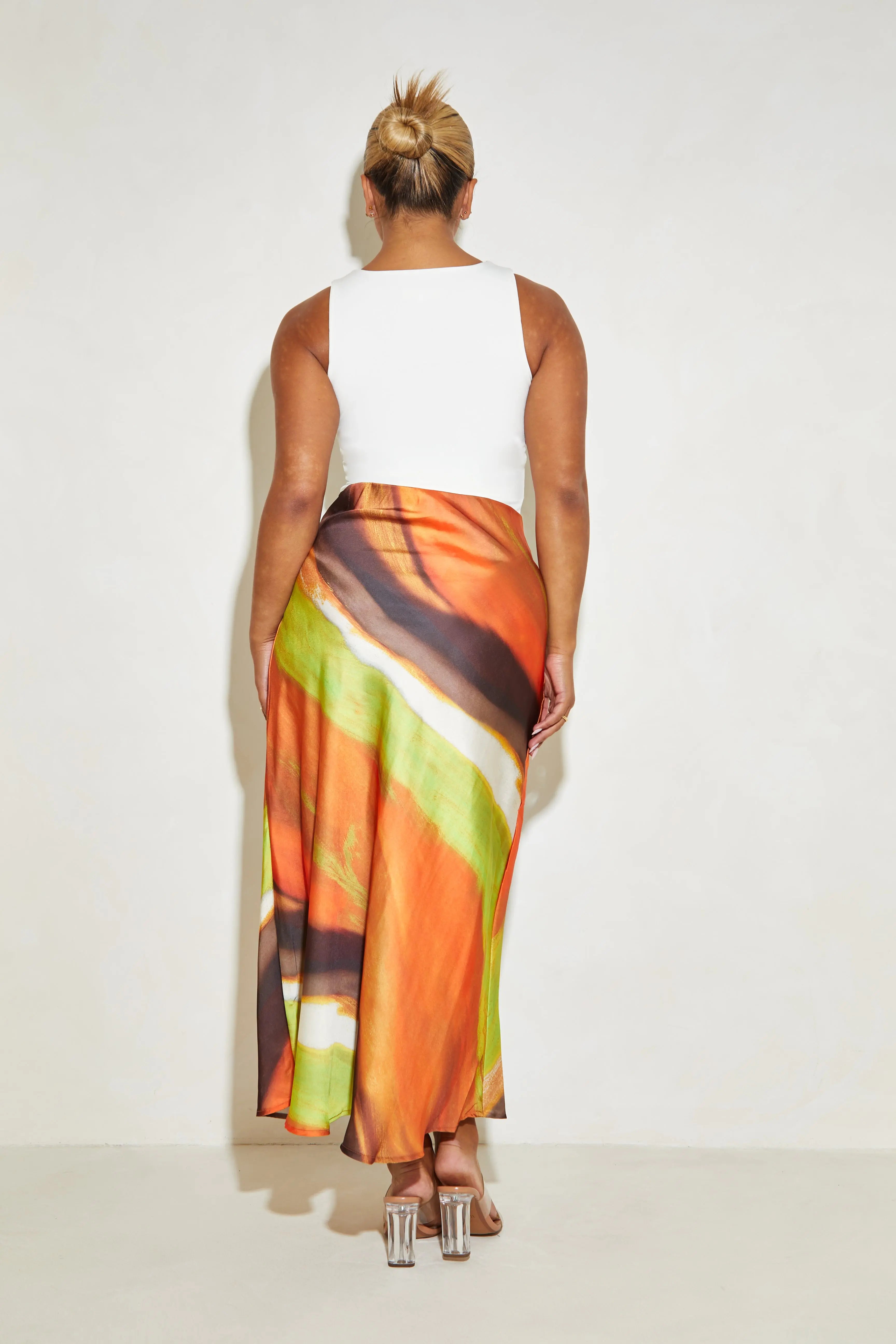 Satin Maxi 'Lucia' Skirt in Green Swirl Print Elrstyle