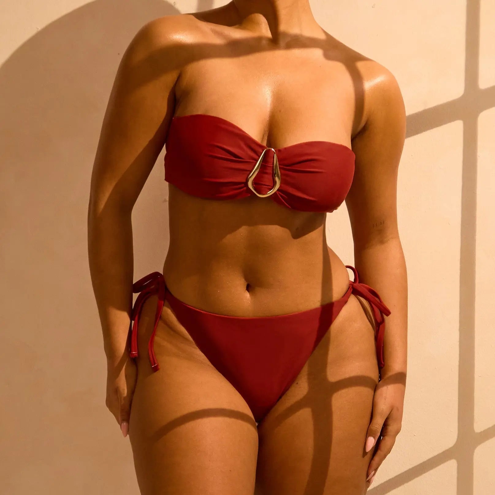 Side Tie Low Rise Medium Coverage Bikini Bottoms - Rust RELR