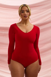 Long Sleeve Plunge Neck 'Grace' Bodysuit - Red Elrstyle