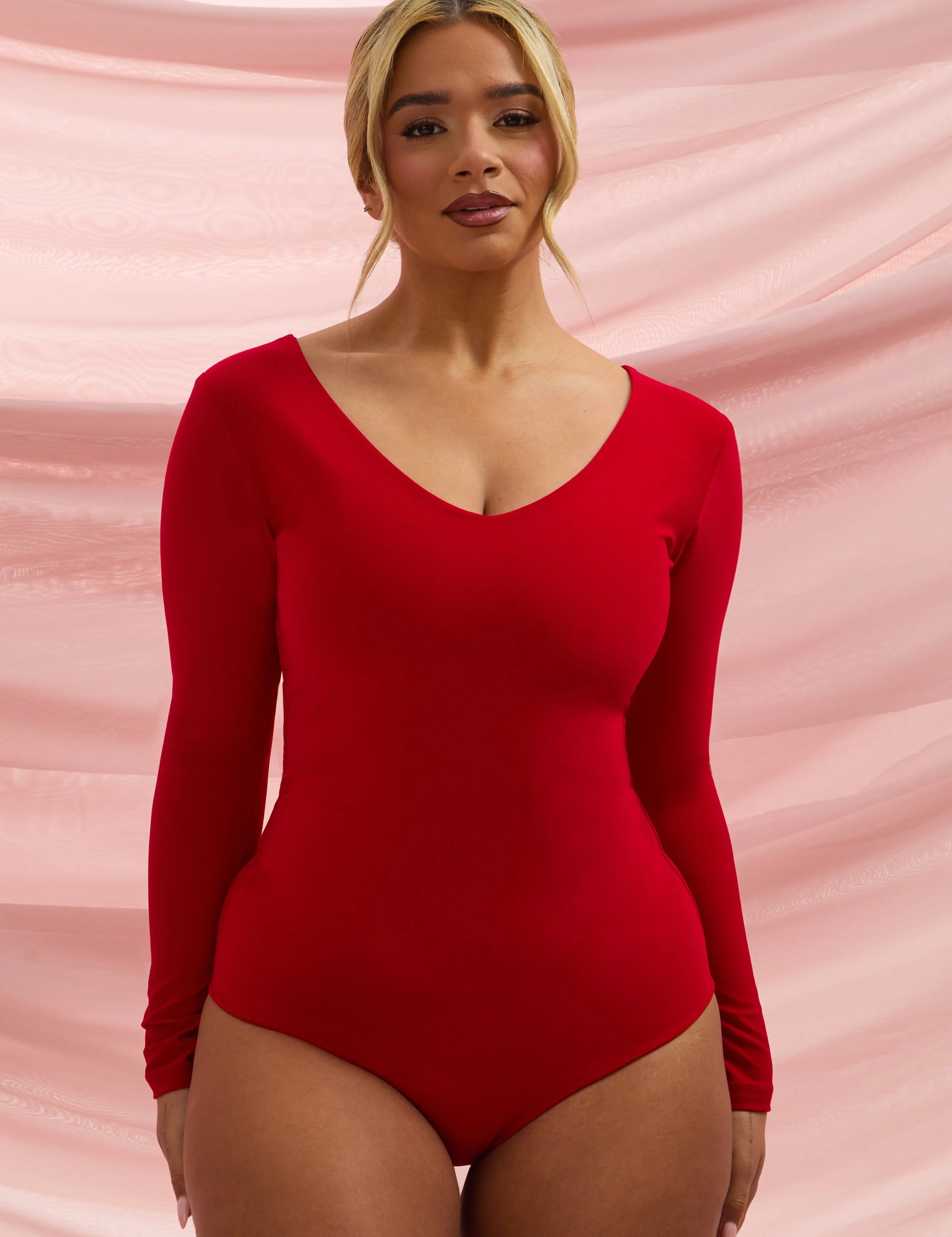 Long Sleeve Plunge Neck 'Grace' Bodysuit - Red Elrstyle