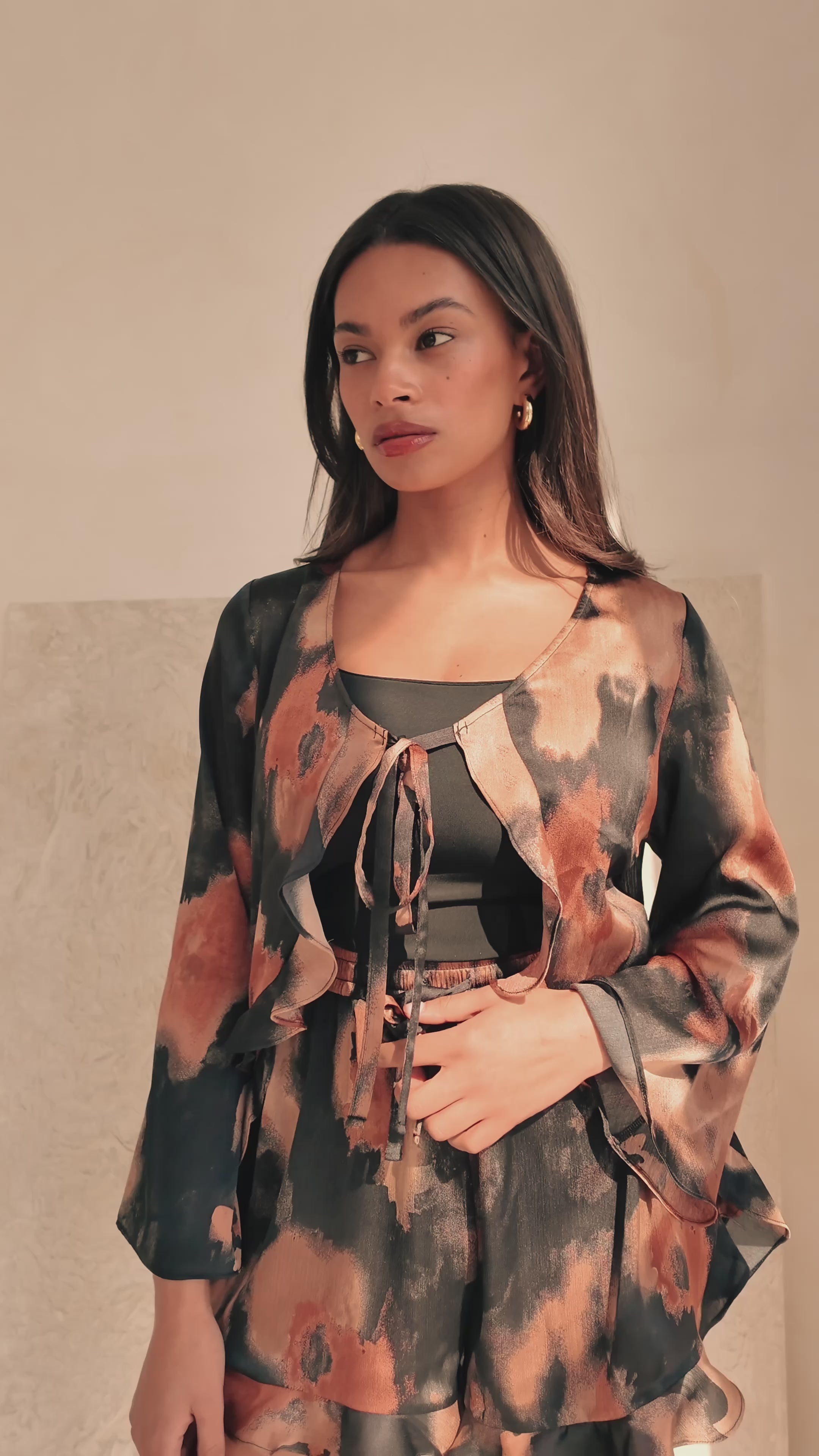 Blurred Print Tie-Front 'Esme' Top with Fluted Sleeves (Limited Edition)