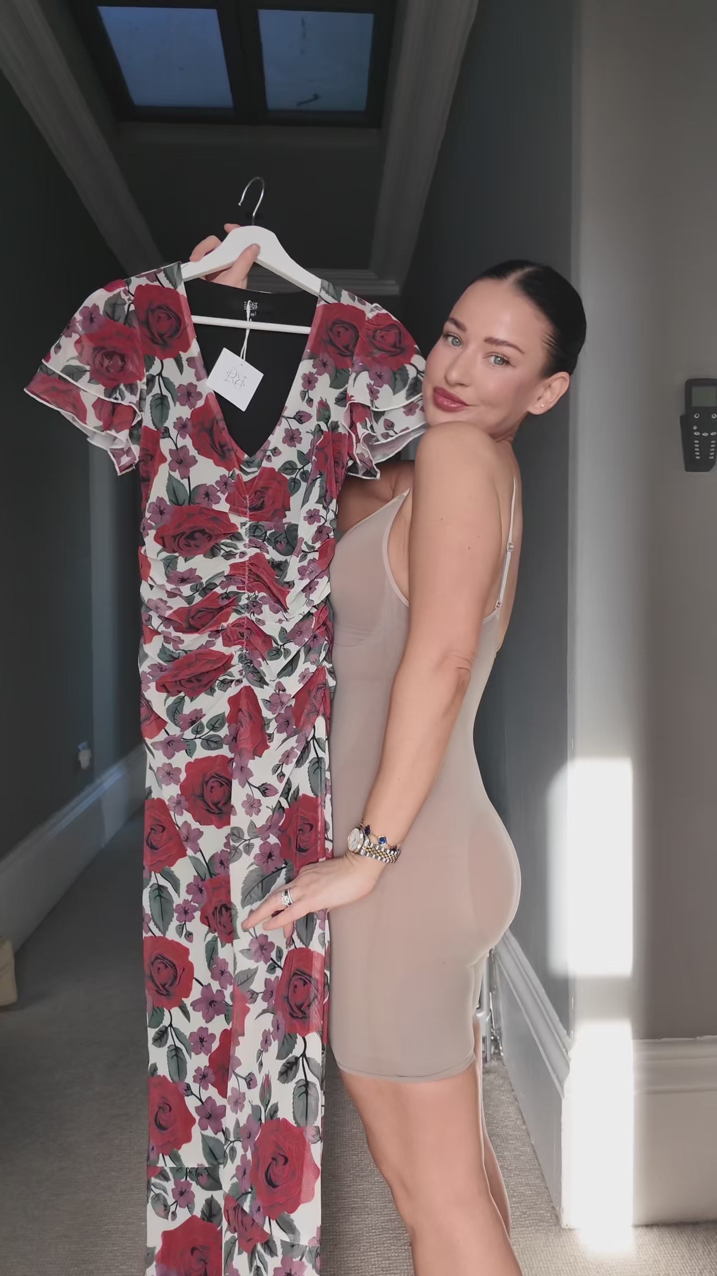 Rose Print V-Neck Angel Sleeve 'Ivy' Maxi Dress