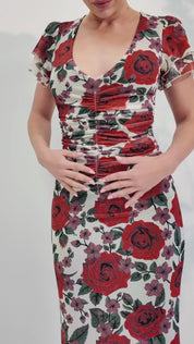 Rose Print V-Neck Angel Sleeve 'Ivy' Maxi Dress