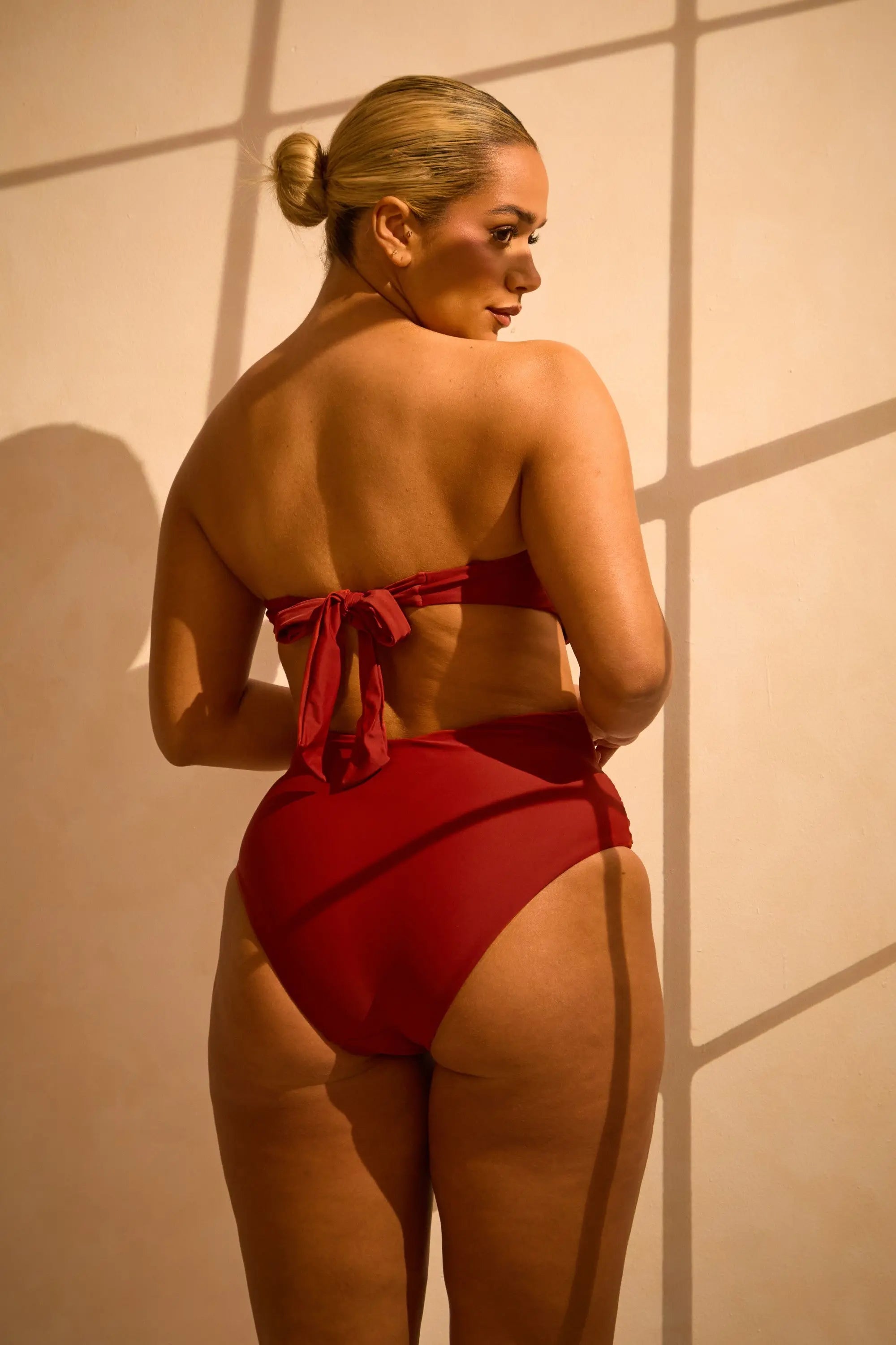 High Waisted Tummy-Control Ruched Belt Bikini Bottoms with Gold Ring Detail - Rust RELR