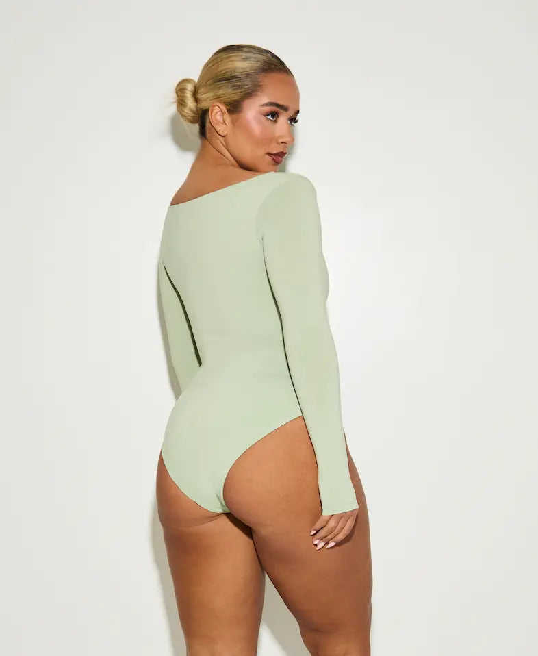 Long Sleeve Square Neck Tummy Control ‘Charlie’ Bodysuit - Matcha Elrstyle